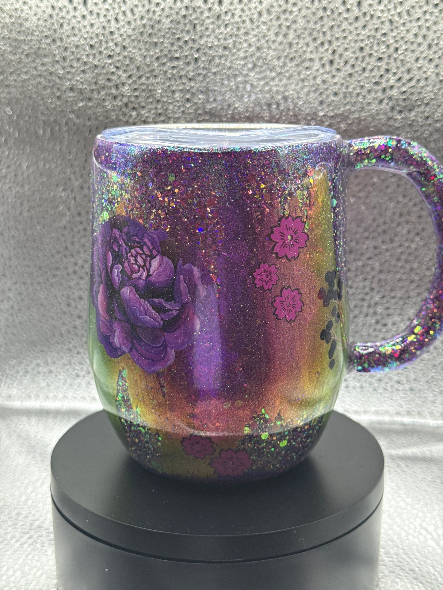 #4 12oz purple color shift glitter/pigment floral mug.