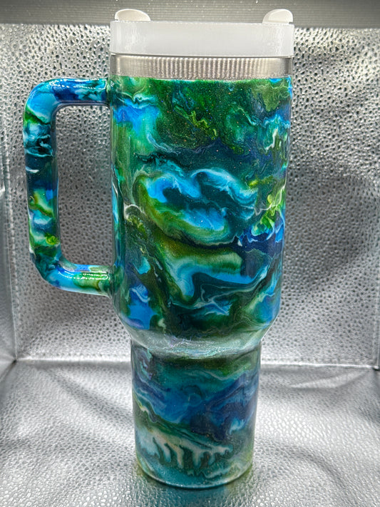 #22 40oz tumbler glow blue and green swirl