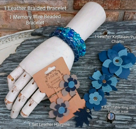 #46 Blue Two-Tone Leather Jewelry Set